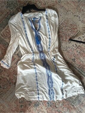 THML White Dress with Blue Embroidery and Tassel Tie